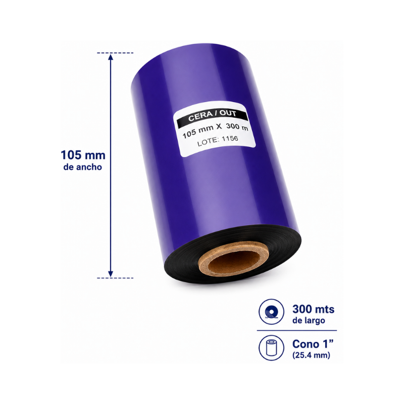 Cinta de Transferencia Térmica Cera Negro Out 105mm x 300 mts (Unidad) - Imagen 2