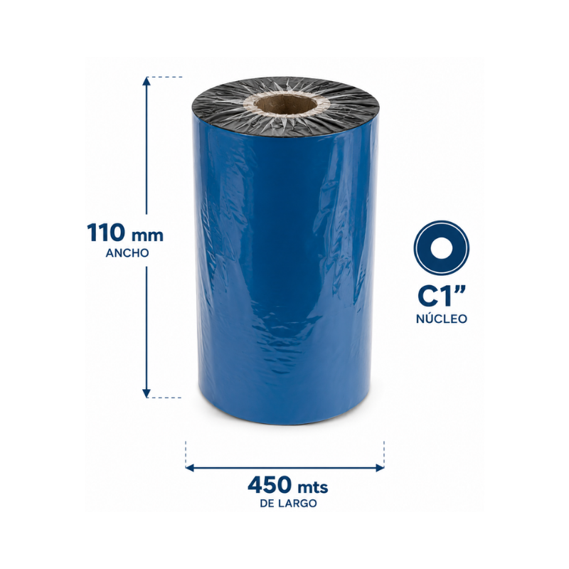 Cinta de Transferencia Térmica Cera Resina Negro Out 110mm x 450 mts (Unidad) - Imagen 2
